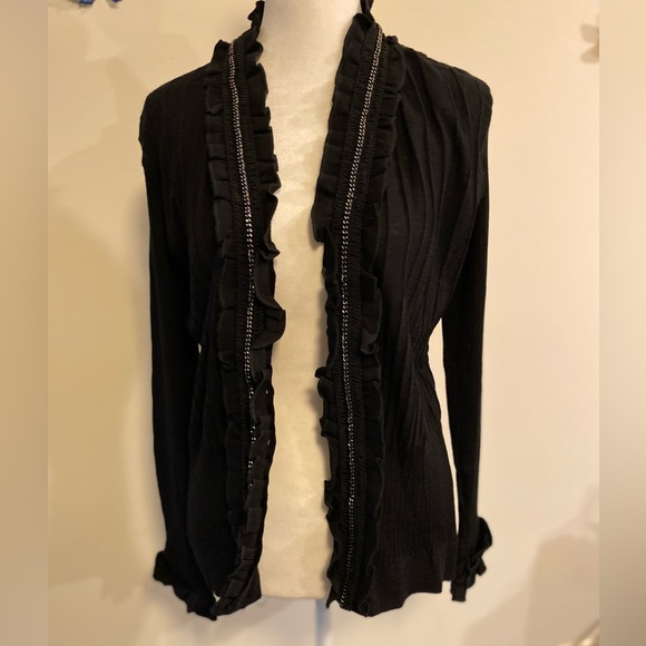 Anne Fontaine black ruffled wool button down sweater size 14 - Picture 2 of 12